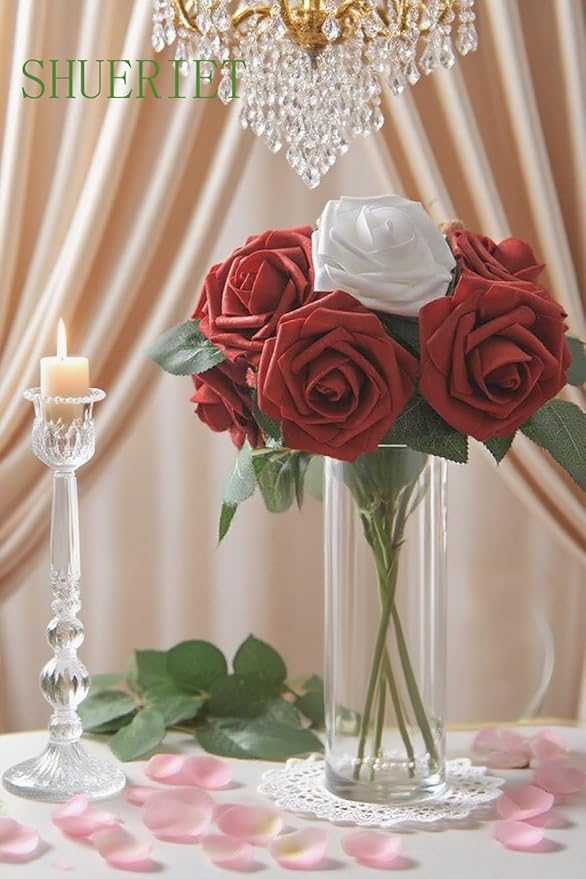 Dark Red Artificial Roses 25pcs, Real Looking Fake Foam Flowers with Stems for DIY Wedding Bouquets, Centerpieces, Valentine's Day, Christmas Tree Decoration