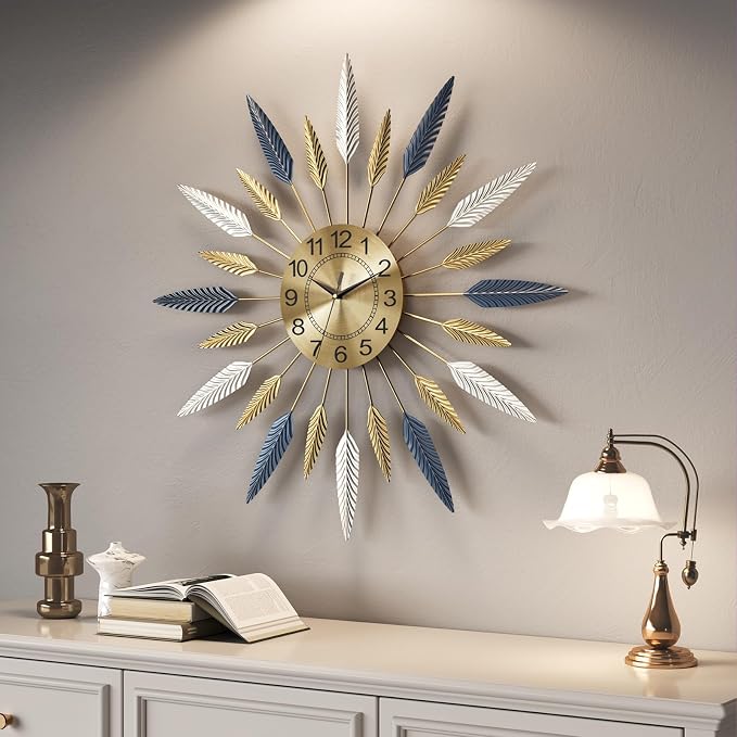 Cuspin Large Wall Clock, 24 Inch Mid Century Modern Clock Decorative Golden Feather Sunburst Wall Clock, Silent Non Ticking Battery Operated Wall Clocks for Living Room Decor