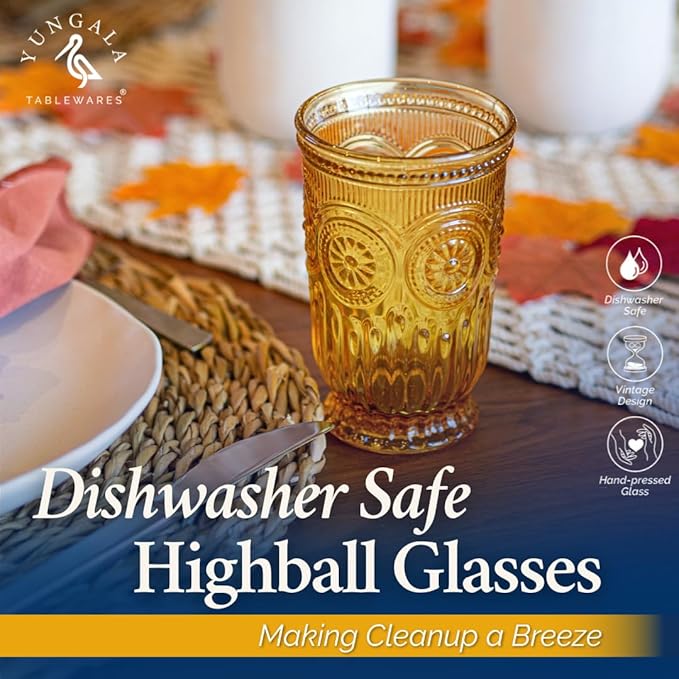 Amber Highball Glasses Set of 6 10 oz Vintage Hobnail Tall Drinking Glasses