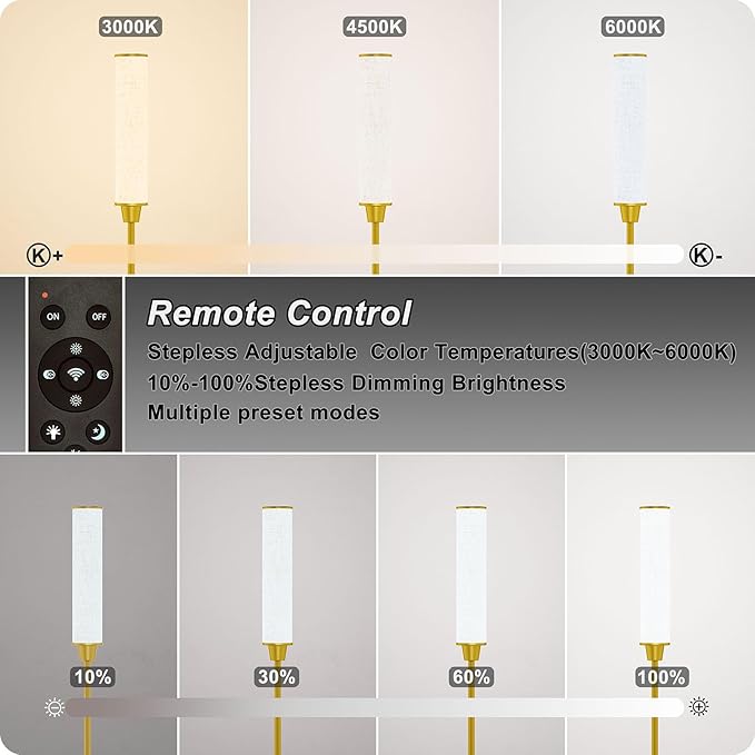 Nukanu Floor Lamp with Remote Control,Floor Lamps for Living Room/Bedroom/Office, Stepless Adjustable 3000K-6000K Colors and 10-100% Brightness,Standing Light with Foot Switch (brassgold+Beige Linen)
