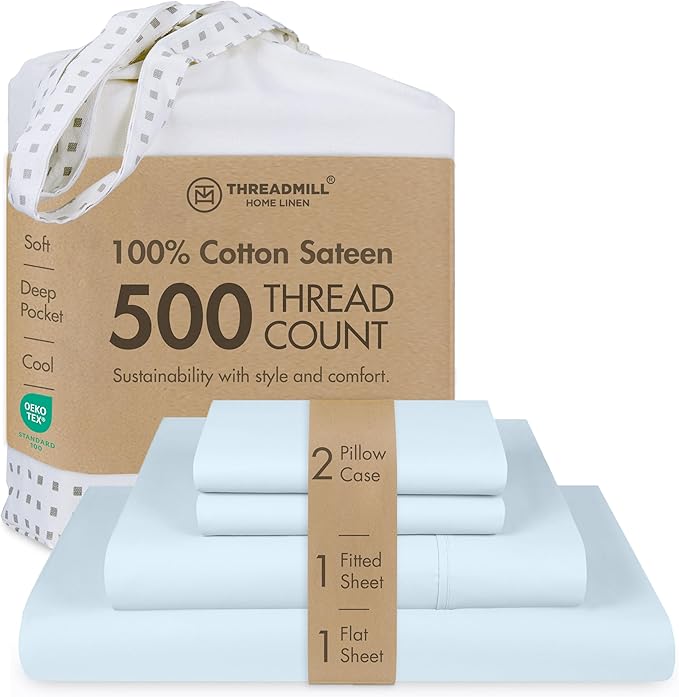 Threadmill Cotton Queen Sheet Set, 500 Thread Count Bed Sheets, 100% Cotton Sheets Set for Queen Size Bed, Smoother Than Egyptian Cotton Claims, 4 Pc Set with Deep Pockets, Light Blue