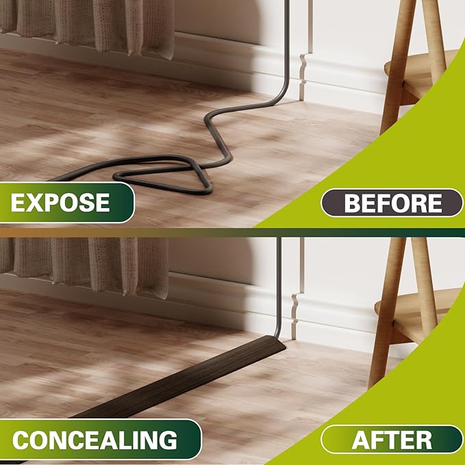Floor Cord Cover Cable Cavity Self Adhesive Hider - Electric Cord Covers for Living Rooms, Offices - Cable Cover Protector (Black Wood, 1.18" x 10')