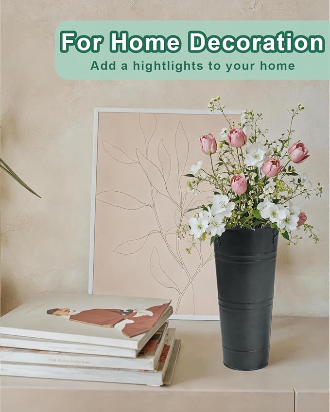 9 Inch Galvanized Metal Vases for Flowers - 2 Pcs Farmhouse Decorative Tall Flower Bucket with Handles, Rustic French Tin Planter Buckets for Wedding Decor (Galvanized Black)
