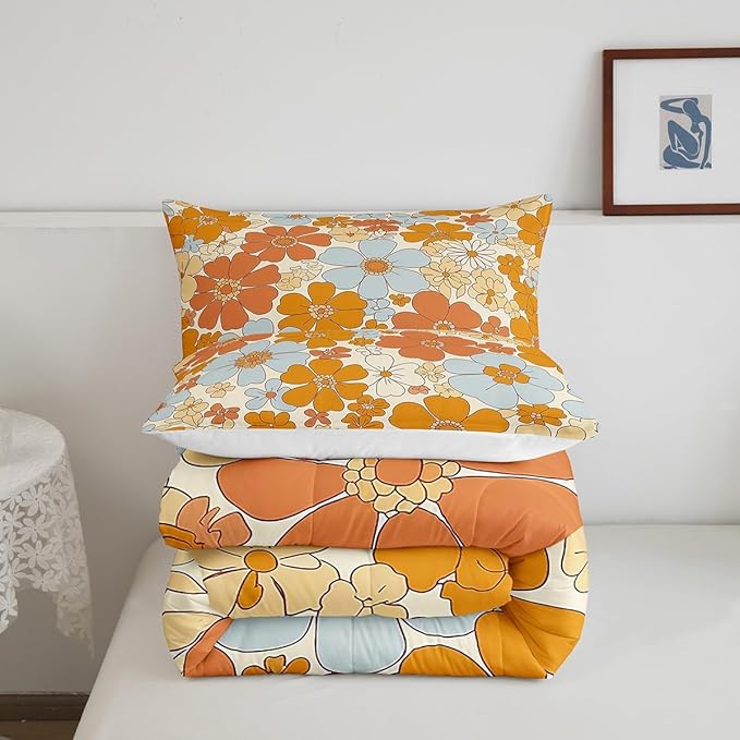 Castle Fairy Retro 70s 60s Floral Hippie Bedding Comforters Queen Size,Summer Groovy Flowers Comforter Set with 2 Pillowcases,Boho Plant 3pcs Children Adult Duvet Set,Soft