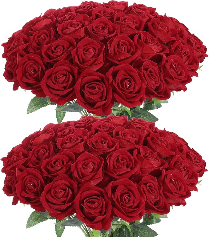 50Pcs Red Roses Artificial Flowers Fake Roses Faux Velvet Silk Flower for Home Wedding Decoration (Pearl Rose, Red)