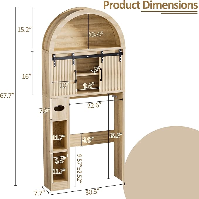 Spurgehom Over The Toilet Storage Cabinet, Bathroom Shelf Organizer Freestanding, Bathroom Arch Cabinet Over Toilet with Toilet Paper Holder and Anti-Tipping Device (Two Sliding Door-Wood)