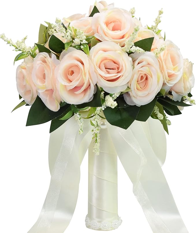 8.3 inch Wedding Bouquets for Bride Bridesmaid Bridal Bouquet Artificial Rose Tossing Bouquet for Wedding Ceremony Party Church (Champagne)