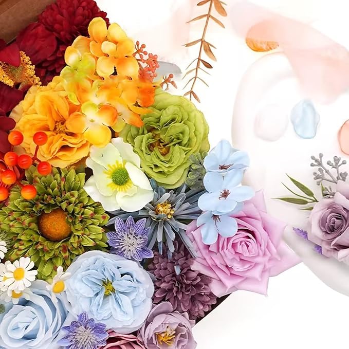 Artificial Flower Combo Set, 37PCS Rainbow Silk Flower Faux Bouquet Set with Stems for DIY Bridal Wedding, Colorful Fake Flowers for Flower Arrangement Party and Home Decor