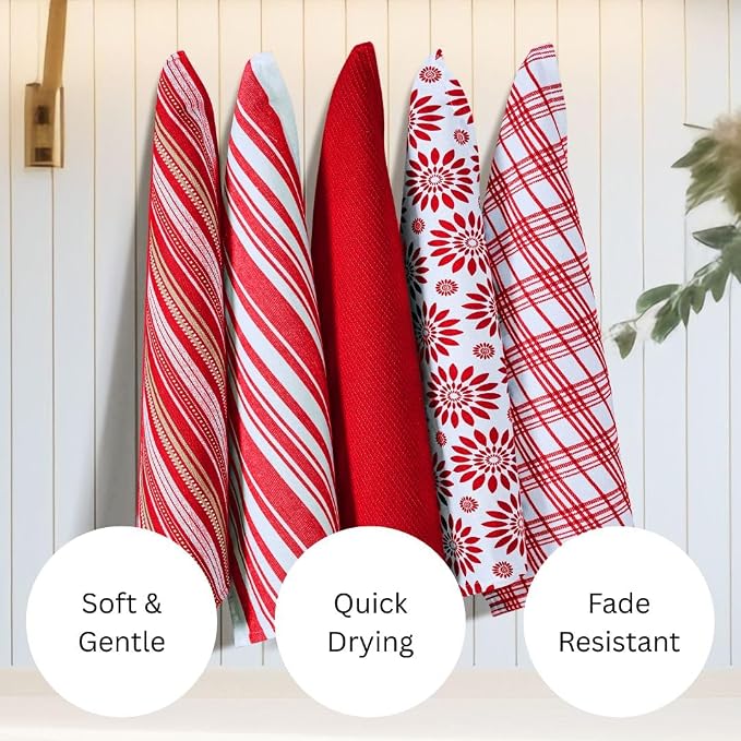 WeWove Assorted Kitchen Towels Set of 5-100% Cotton Dish Cloths Towels with Hanging Loop - Soft Absorbent Washable Reusable for Kitchen Use - Quick Drying 16x26 inch Dish Towels Red