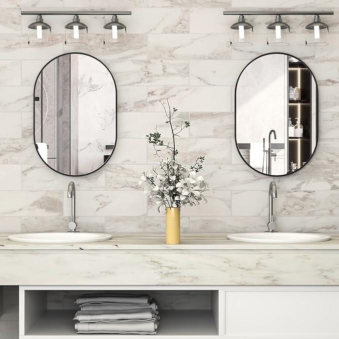 Oval Bathroom Mirror Capsule Wall Vanity Mirror, 24"x36" Pill Mirrors Wall Mounted Mirror, Large Modern Mirror with Black Metal Frame, Decor for Entryway, Bedroom, Living Room