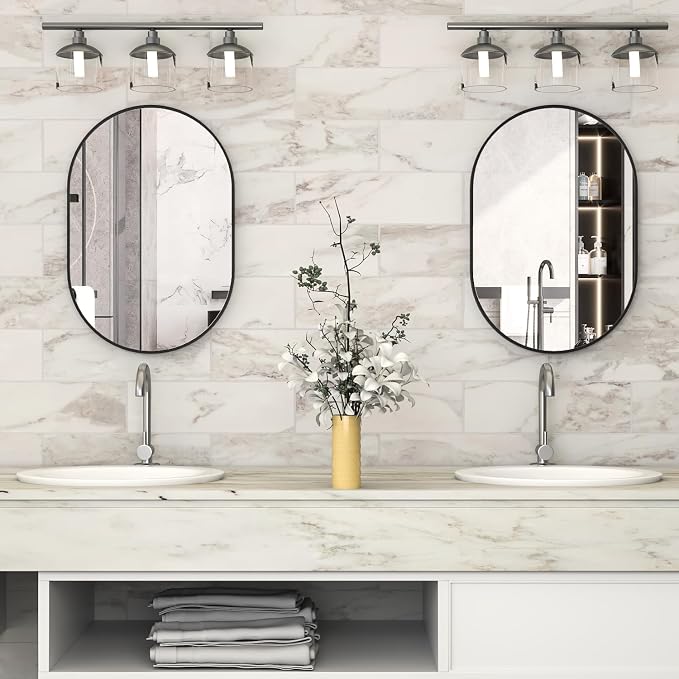 2 Piece Oval Bathroom Mirror Capsule Wall Vanity Mirror, 20"x30" Pill Mirrors Wall Mounted Mirror, Large Modern Mirror with Black Metal Frame, Decor for Entryway, Bedroom, Living Room