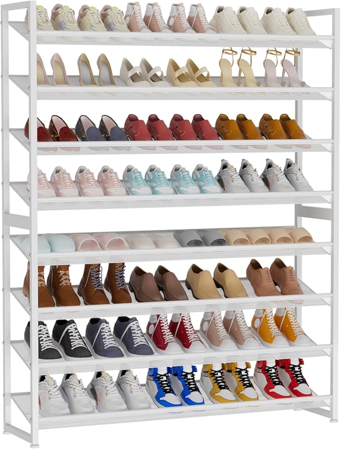 NEYCIL Large Shoe Rack 8 Tier Shoe Organizer, Heavy Duty Metal 4-Tier Stackable Shoe Storage Vertical Shoe Rack for Closet Front Door Entrance, Up to 50 Pairs, 44.8" W x 11.4" D x 56.7" H, White