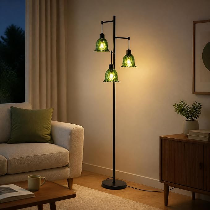Green Glass Flower Floor Lamp,3 Light Tree Standing Lamp for Living Room Bedroom,Mid Century Modern Tall Floor Lamps Vintage Retro Boho Bohemian Home Office Decor Lamp Shade-Black