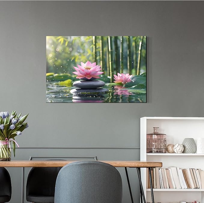 Ethereal pink lotus on obsidian Sunlit bamboo forest with sparkling water drops Poetic nature inspired wall art for tranquil homes and mindful spaces 12x18in Frameless
