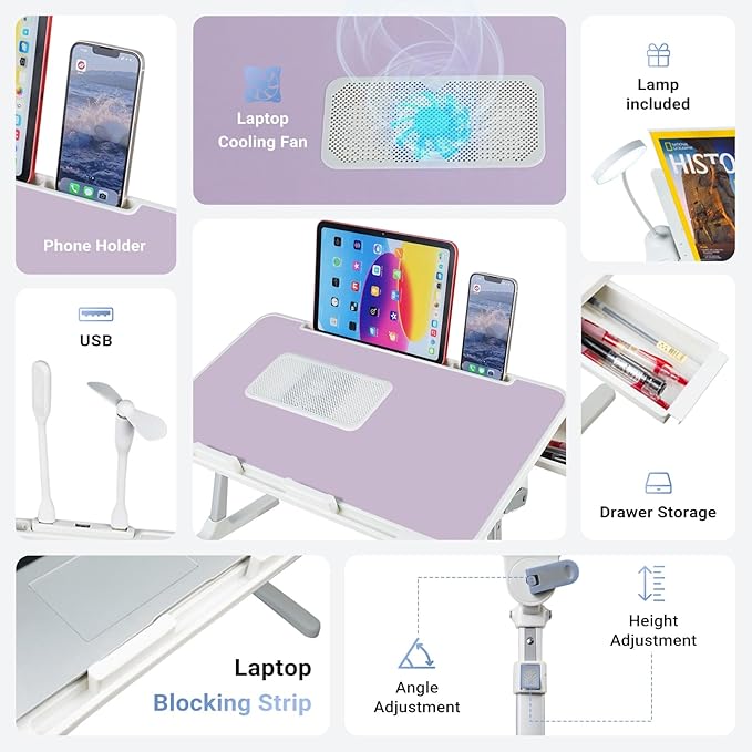 iXTRA Laptop Lap Desk Include Cooling Fan,Adjustable Lap Desk with Light Fan,Folding Laptop Desk for Bed with USB,Bed Desk with Storage Drawer 56x32cm,Purple