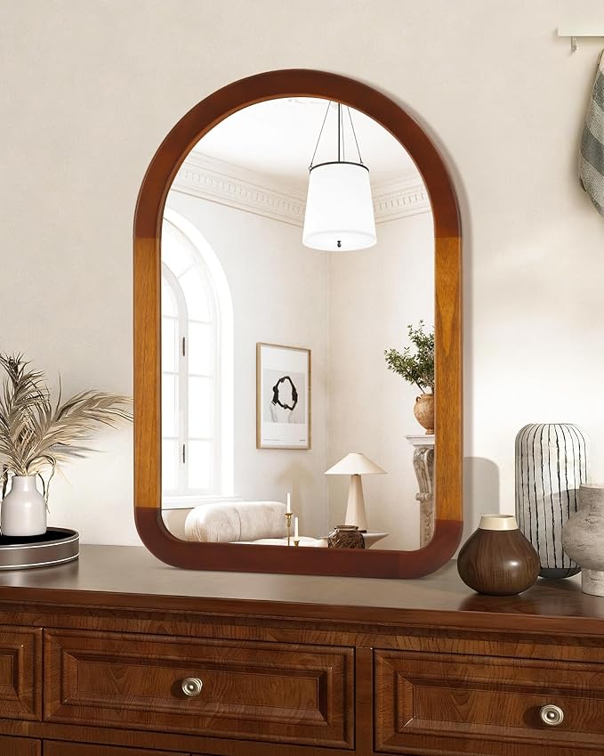 Arched Bathroom Mirror,Wood 24 x 36 Inch Arch Wall Mirror with Walnut Frame,Vanity Tempered Glass Mirror for Bedroom,Entryway,Living Room