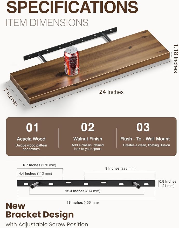BATODA Set of 2 24" Acacia Floating Shelves for Wall – Rustic Farmhouse Wood Floating Shelf - Book Shelf for Wall & House Décor - DIY Floating Book Shelves - with Brackets & Hardware (Walnut Color)