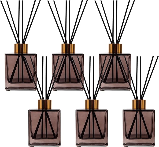6 Pack Perfume Reed Diffuser Bottle,Empty Square Essential Oil Bottles Glass Jar with Black Sticks for DIY Fragrance Replacement Diffuser Sets (200ml/6.8 oz, Brown Color)