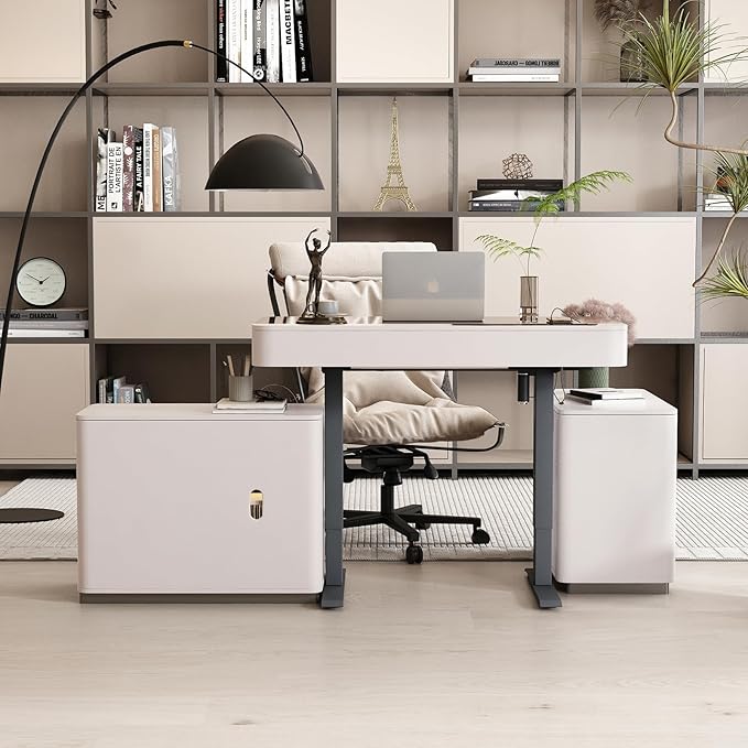 Lartis Office Desk, Electric Standing Desk with Built-in Outlets, Tempered Glass Top Modern Office Computer Desk with 2 Side cabinets (Ivory White, 50)