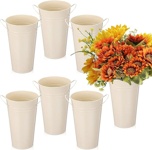 Chumia 6 Pcs Buckets Bulk Cut Flower Bar Supplies Christmas Centerpiece Wedding Galvanized Vase Metal Bloom Bridal Bouquet Pail with Handle French Farmhouse Rustic Floral Arrangement(White,9.8 Inch)