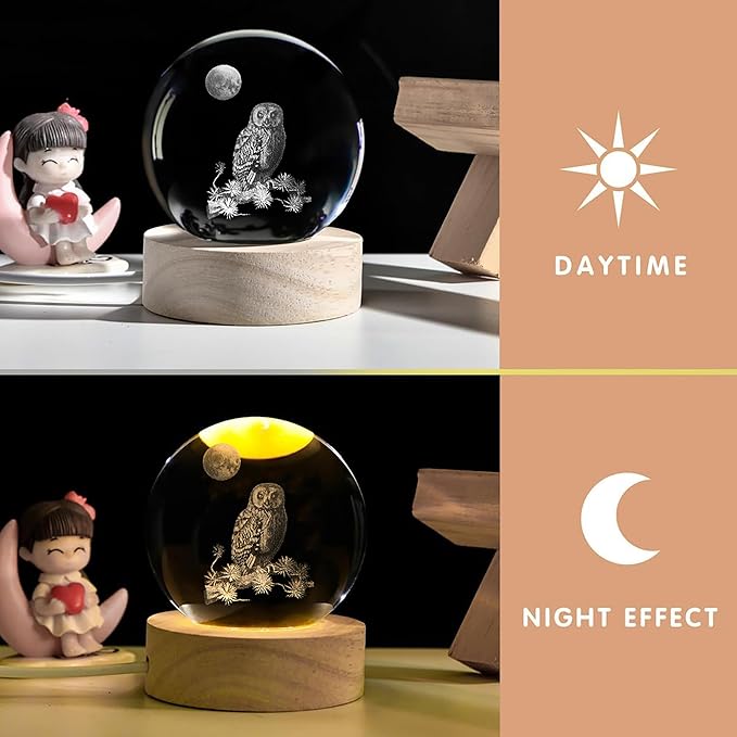 3D Laser Etched Owl Crystal Ball with LED Stand, Glass Owl Animal Figurine Lamp Night Light Gifts for Women Kids(2.4 in)