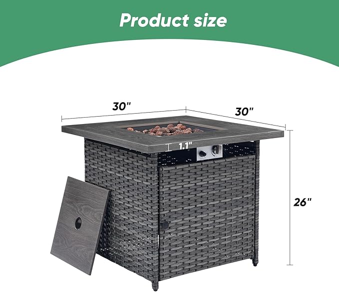 Belord 50000 BTU Propane Fire Pit Table with Lid and Lava Rock, 30 inch Outdoor Firepit Table Wicker Furniture, Square Fireplace Table Perfect for Relaxed Outside Patio Backyard Ambiance, Grey