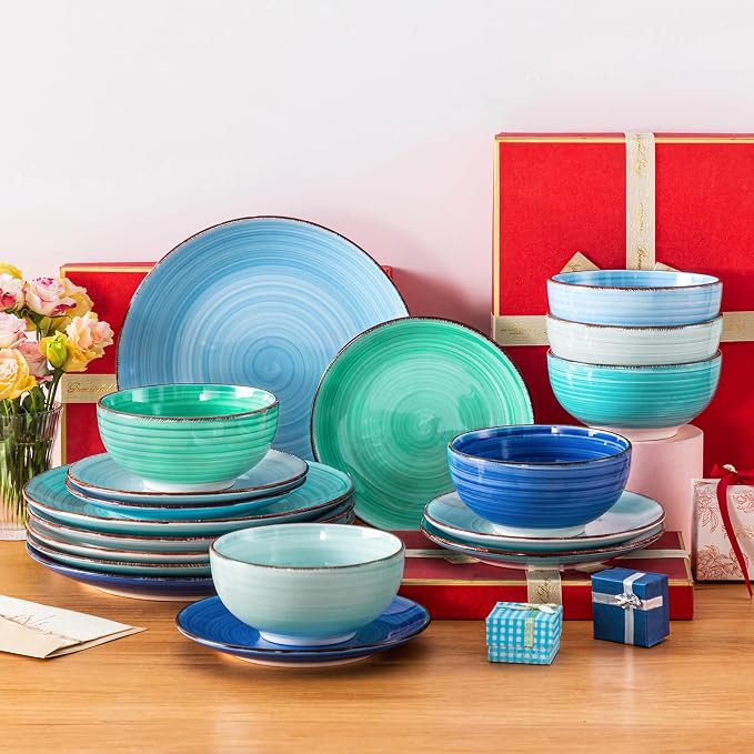 vancasso Bonita Plates and Bowls Sets 18 Pieces Blue Stoneware Service for 6, Modern Round Dinnerware Sets, Hand-Painted Spiral Dishes Set-Microwave and Dishwasher Safe (Blue,18 Pcs)