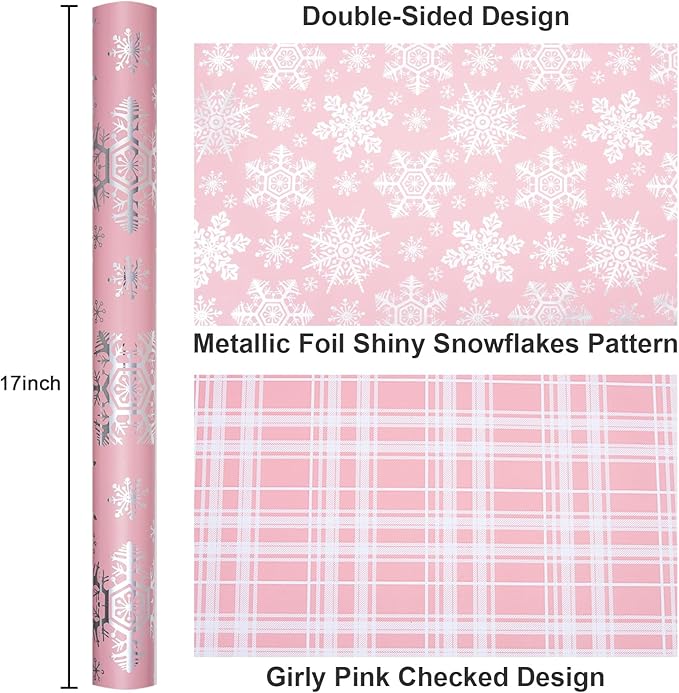 MAYPLUSS Pink Christmas Wrapping Paper, Snowflake Wrapping Paper, Metallic Foil Girly Pastel Snowflake, Plaid Design Christma Gift Wrap for Girl Women Winter Holiday (Mini Roll, 17 Inch X 16.5 Feet)