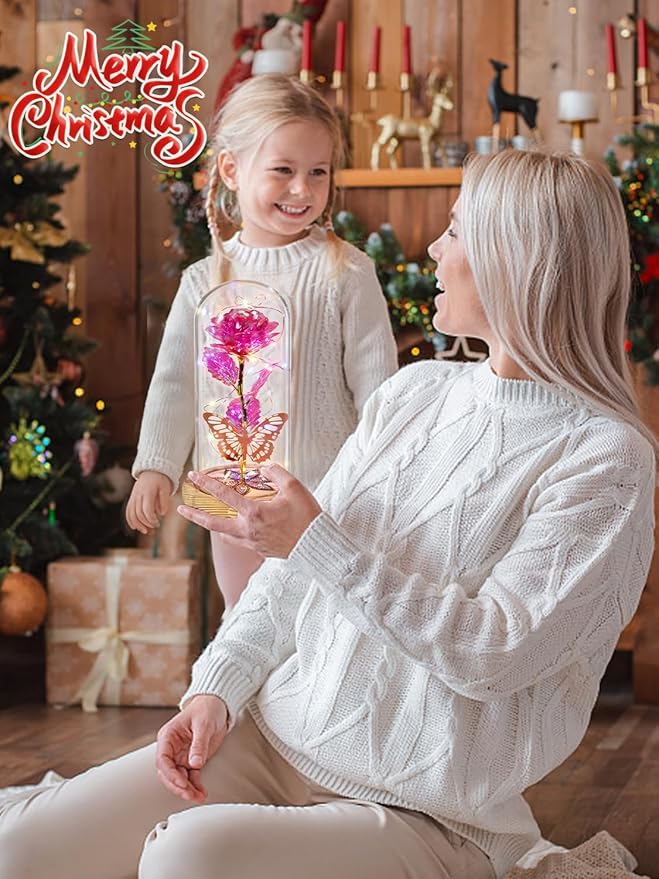 Beferr Christmas Birthday Gifts for Women, Mom Gifts for Christmas Galaxy Glass Rose Forever Preserved Flowers for Delivery Prime Rose in Glass Dome Xmas Gifts for Grandma Wife Sister Her, Pink