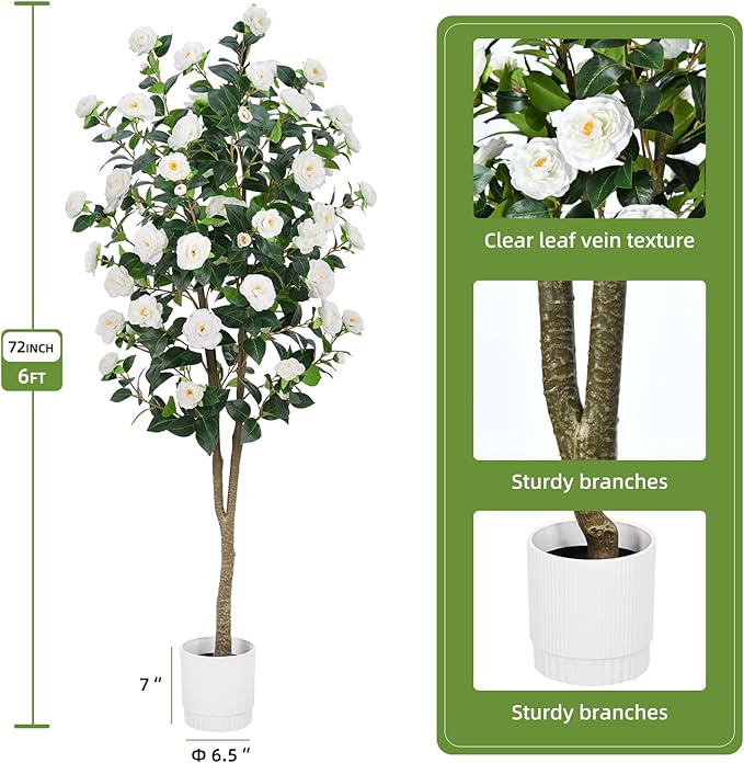 Artificial Camellia Tree 6FT – Nearly Natural Faux Plants Indoor, with Easy Assembly, Low Maintenance, Ideal for Both Indoor Decoration and Other Purposes，Perfect Porch Christmas Trees (White 6ft)