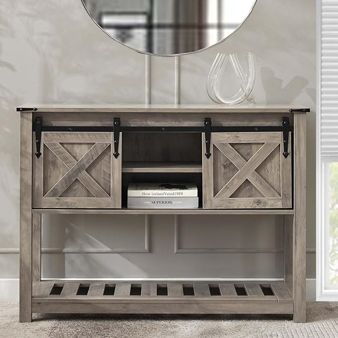 Farmhouse Living Room Table Set of 3, 2 Rustic End Table with Charging Station and 1 Sofa Table with Large Hidden Storage, Farmhouse Sofa Table Set for Living Room, Office, Grey