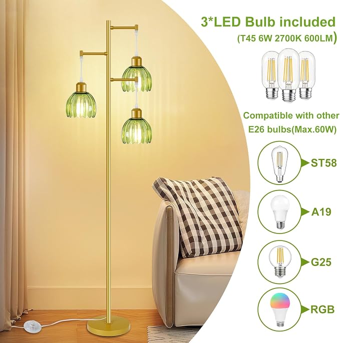 Tree Floor Lamp with 3 Light Bulbs, Vintage 3 Heads Flower Floor Lamp, Tall Gold Vintage Lamps with Brass Base Foot Switch, Boho Standing Lamps for Living Room with Green Glass Flower Shades