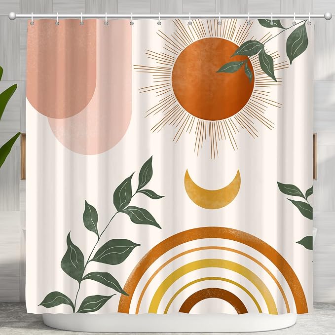 Mid Century Abstract Boho Orange Aesthetic Shower Curtain Set, Spring Summer Pink Green Nature Leaf Sun Modern Minimalist Home Bathroom Curtain Decor with 12 Hooks 72x72 Inches