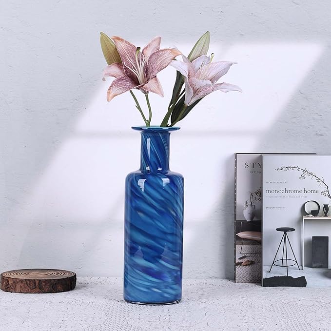 Hand Blown Glass Vase Cobalt Blue Swirl – Murano Style Art Glass Vase with Wide Mouth for Flowers, Unique Bubble Vase, Coastal Blue Glass Decor for Dining Table, Living Room, Entryway Accent (Blue)