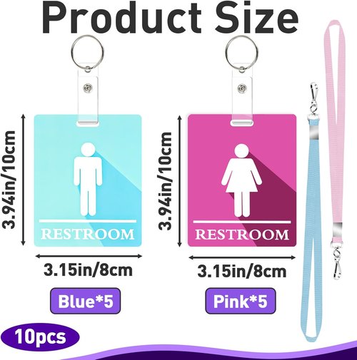 Skiennix 10 PCS Bathroom Passes - Key Holder & Lanyard Set in Pink and Blue for Schools & Offices
