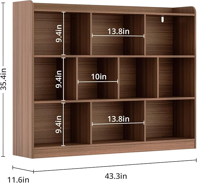 Brown Bookshelf, Wood Bookcase with 3 Tier Open Shelves, 10-Cube Minimalist Storage Shelf for Living Room, Bedroom, 43.3" W x 35.4" H