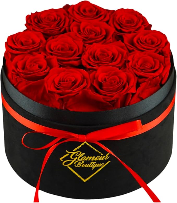 GLAMOUR BOUTIQUE Flowers Forever Gift Box 12 Real Preserved Roses in a Velvet Black Box, Birthday for Her Mom and Wife, Mothers Day, Anniversary, Graduation - Red