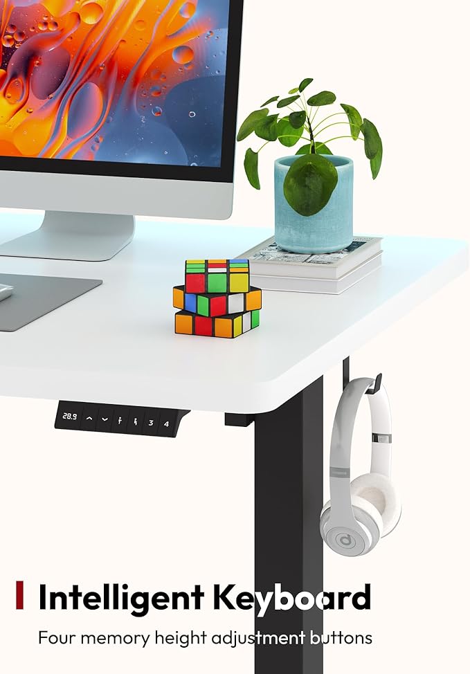 SANODESK Electric Standing Desk 55 x 28 Inches Whole-Piece Desktop Height Adjustable Stand Up Desk w/6-Button Controller Ergonomic Computer Desk for Home Office, Black Frame + White Tabletop