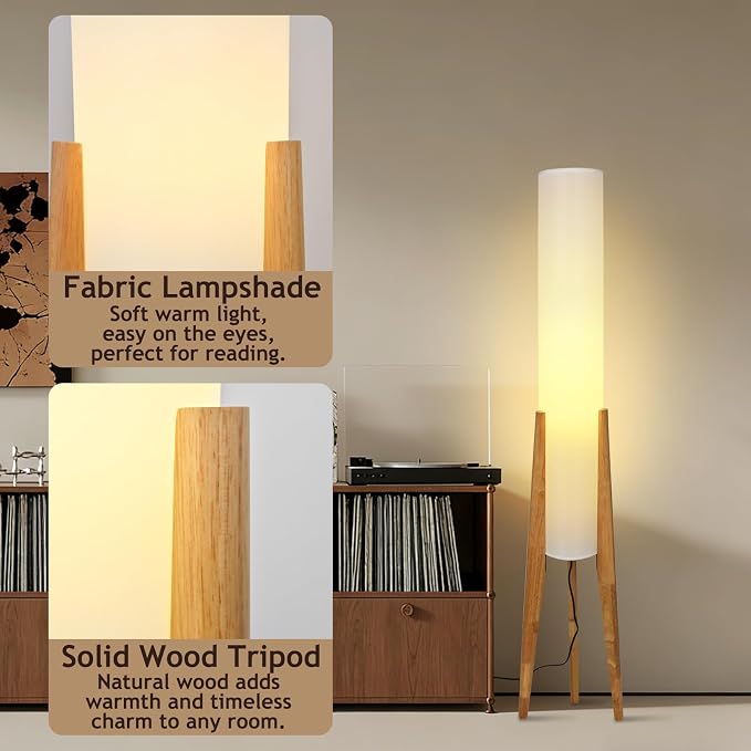 Wabi-sabi 50" Wooden Tripod Floor Lamp Linen Floor Lamp Paper Lantern Inspired Fabric Standing Lamp With E26 3-Color Temperatures Solid Wood Tall Light For Living Room Bedroom (Includes Bulb)