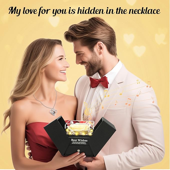 Preserved Real Rose Gift with “I Love You” 100 Languages Necklace and Music, Eternal Flower for Women Girlfriend Wife Mom Grandma, Romantic Anniversary Birthday Gift for Women