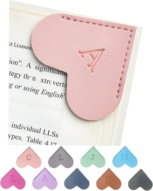 MOTEERLLU Personalized Leather Heart Bookmark - Custom Initials, Handmade Gift for Book Lovers (Pink, A)