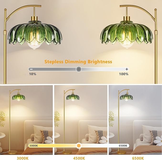 Glass Floor Lamp for Living Room,Bedroom,Mid Century Modern Standing Lamp with Remote,Dimmable Gold Tall Lamp Green Vintage Retro Arc Flower Floor Light Boho Bohemian