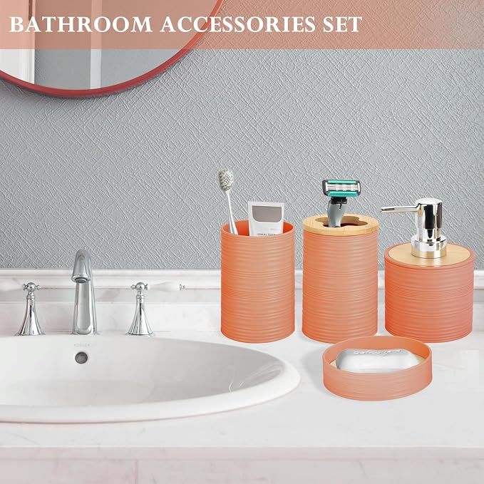 4 Pieces Bamboo Bathroom Accessories Set, Bathroom Accessory Set with Soap Dispenser and Toothbrush Holder, Soap Dish and Toothbrush Cup, Boho Bathroom Decor(Orange)