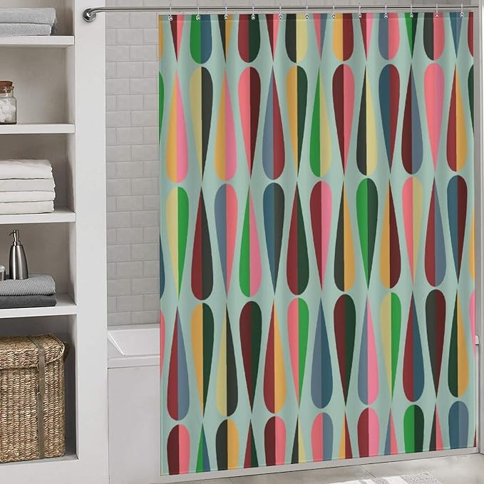 Mid Century Modern Shower Curtain,Retro Abstract Geometric Drop Shapes Art Style Shower Curtains Set for Bathroom Fabric Decorative Bath Curtain Washable Curtain Hooks, 72x72 in