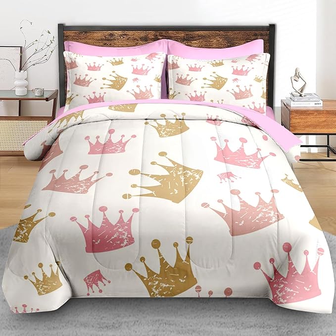 Comforter Set King Size, Cute Kids Crown 7 Pcs Bedding for Kids and Adults, Pink Princess Girls Bed Sheet Sets with Fitted Sheet 2 Pillowcase & 2 Sham for Bedroom Bed Decor