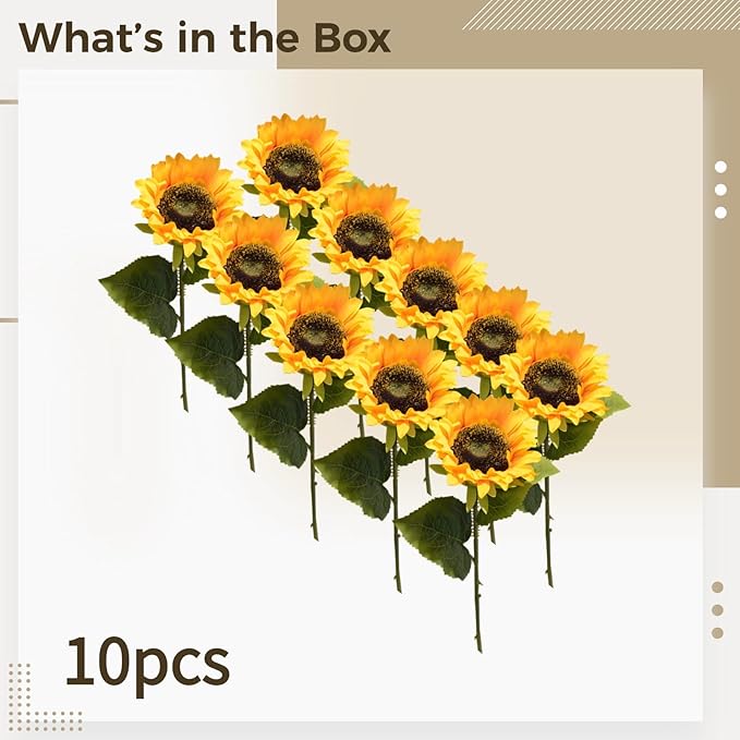 10 Pcs Bendable Sunflower Stems, Silk Flowers for Home Decor, Realistic Yellow Faux Sunflowers, Ideal for Kitchen Arrangements