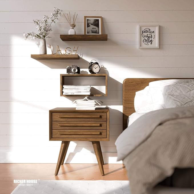 RICHER HOUSE Floating Shelves Set of 3, Modern Bathroom Shelves Wall Mounted Shelves with Invisible Brackets Over Toilet, Rustic Wall Shelves for Bathroom Bedroom, Living Room, Kitchen - Brown