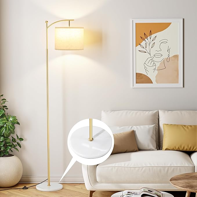Ambimall 60" Floor Lamp for Living Room with 3 Color Temperatures, Gold Standing Lamp with White Marble Base, Modern Tall Lamp for Bedroom Office, 9W LED Bulb Included