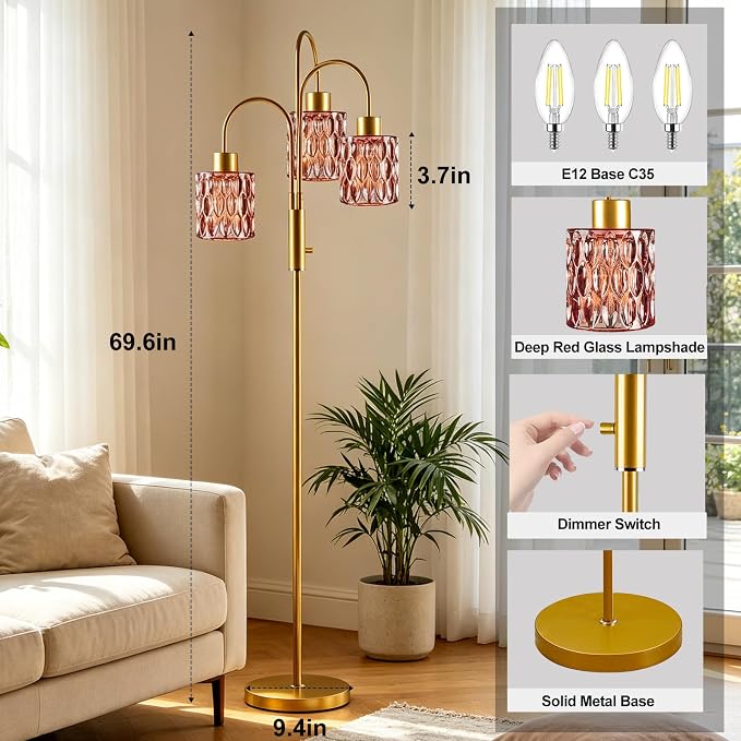 70" Glass Floor Lamp, 3-Light Gold Dimmable Standing Tall Lamp with Deep Red Ribbed Glass Shades &3PCS 3000K Warm White Bulbs, Modern Tree Pole Lamp for Living Room Bedroom Home Decor