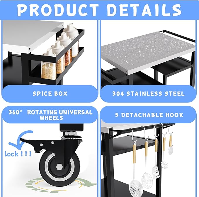 MEXMIODY Outdoor Grill Table, Multi-Function Pizza Oven Stand, Three-Shelf Food Prep and Work Cart Table, Heavy Duty Grill Cart for Party, Bar, Camping